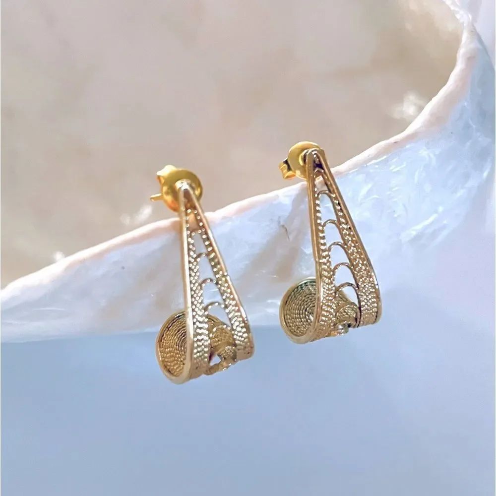 Gold Tone Filigree Open Hoop Earrings